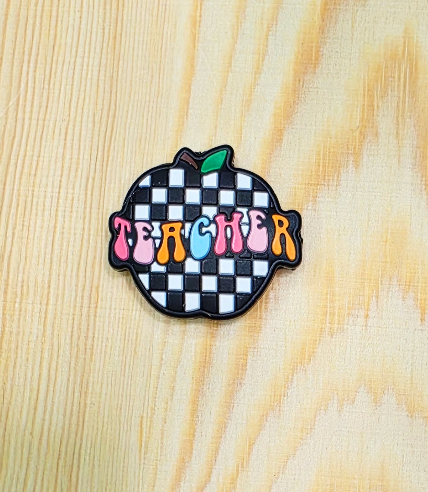 Teacher checker apple silicone focal bead - Teacher silicone focal bead - A176b