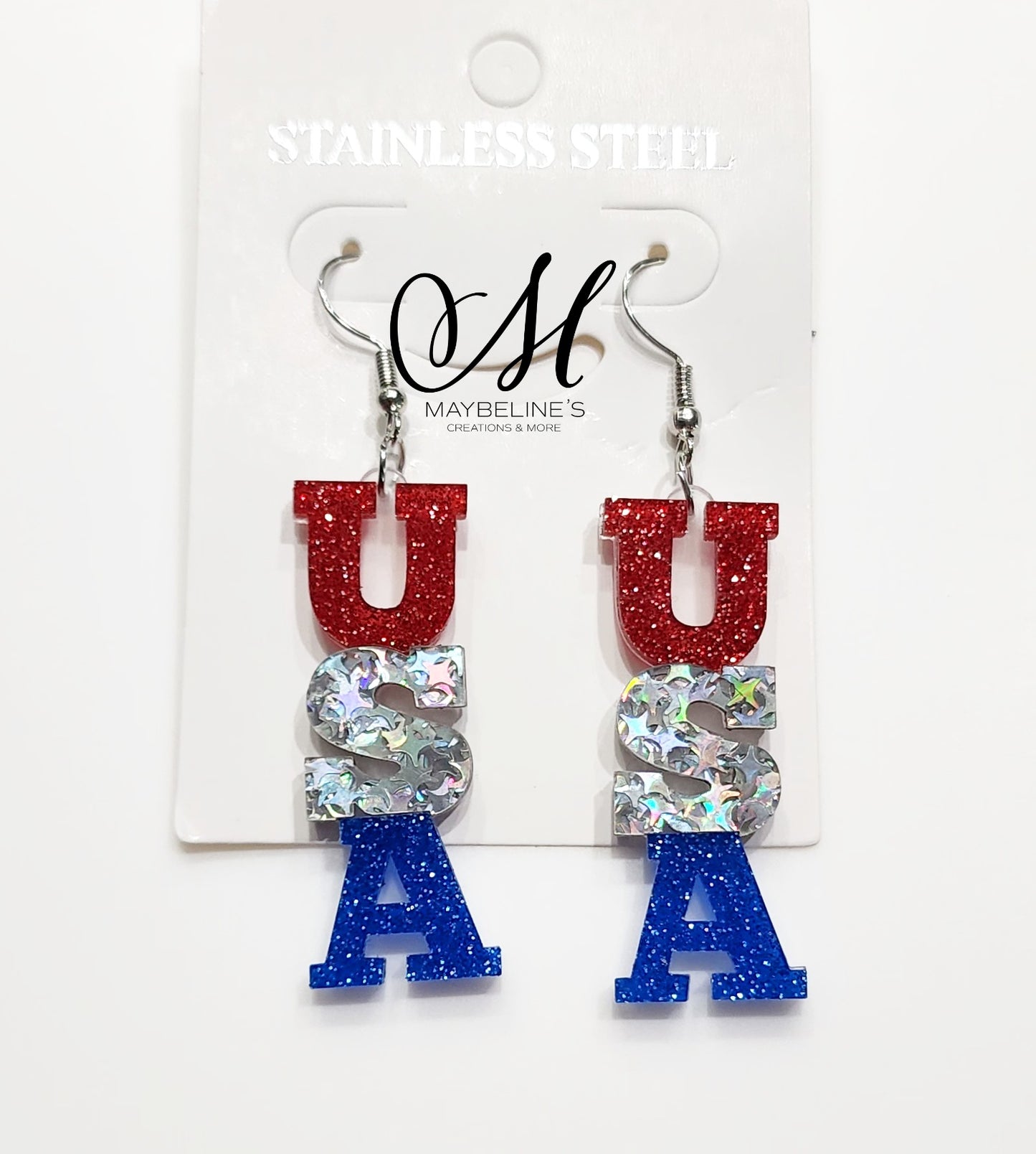 USA stainless steel acrylic earrings. Red white blue Acrylic Dangling earrings