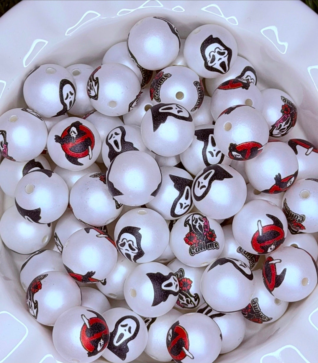 16MM Ghost Face Printed Acrylic Beads – 5 Piece Pack