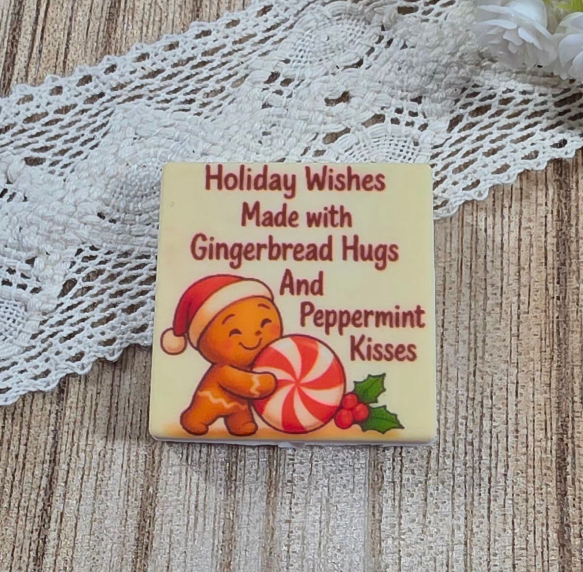 Exclusive Gingerbread Hugs & Peppermint Kisses Silicone Focal Bead ā Cute Holiday Gingerbread Focal