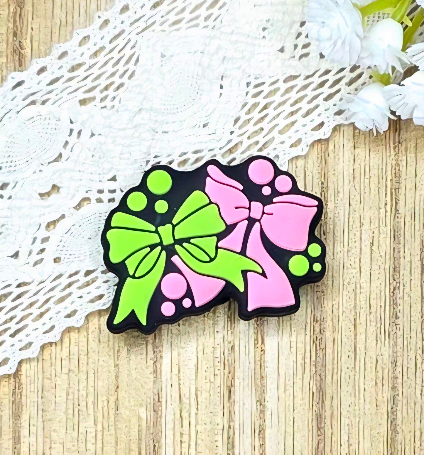 Pink & Green Friendship Bow Silicone Focal Bead