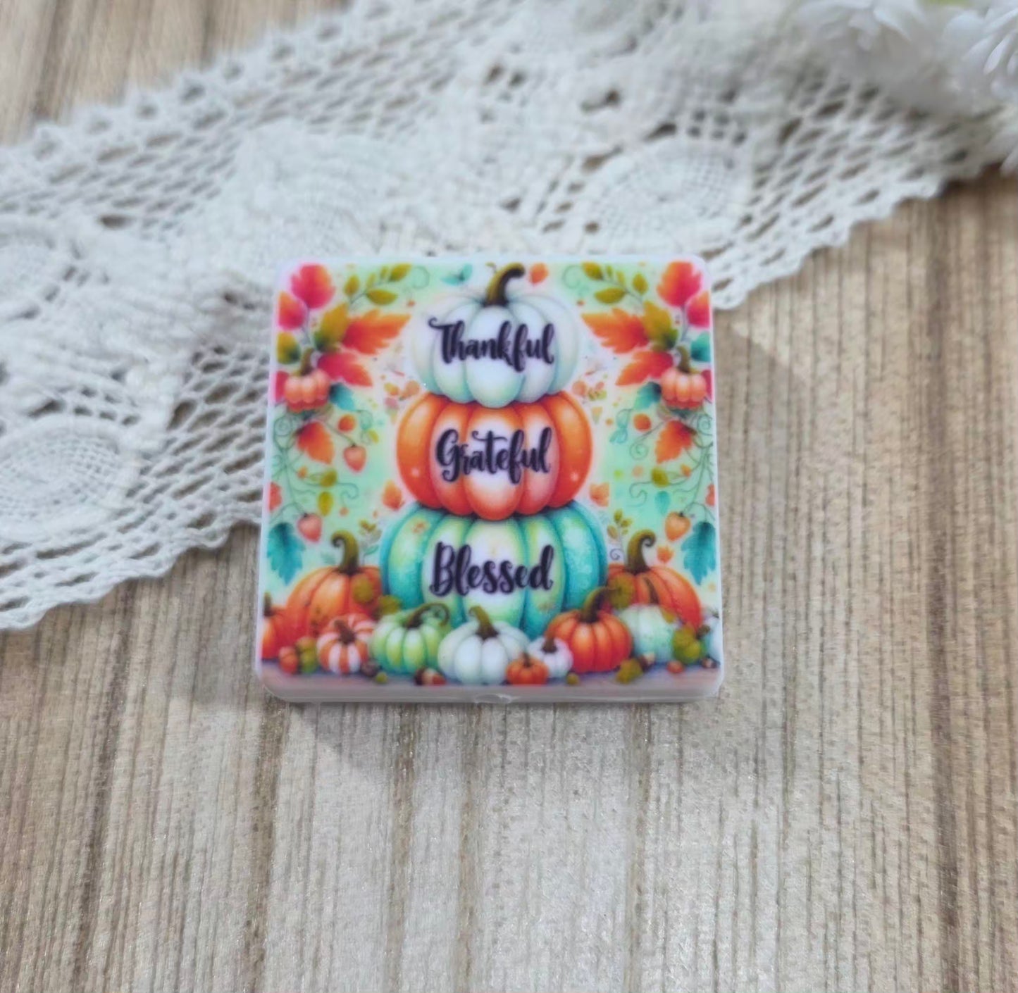 Thankful Grateful Blessed Pumpkin Silicone Focal Bead – Fall Thanksgiving Design