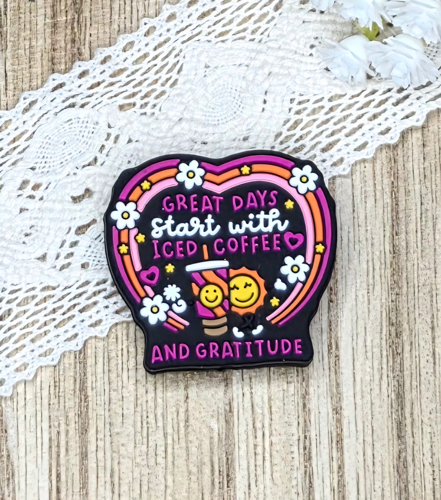 Great Days Start with Iced Coffee and Gratitude Silicone Focal Bead | Coffee Lover DIY Craft Supply
