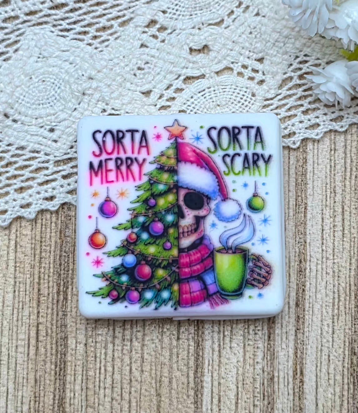 Sorta Merry Sorta Scary Silicone Focal Bead – Christmas Skeleton Holiday Focal