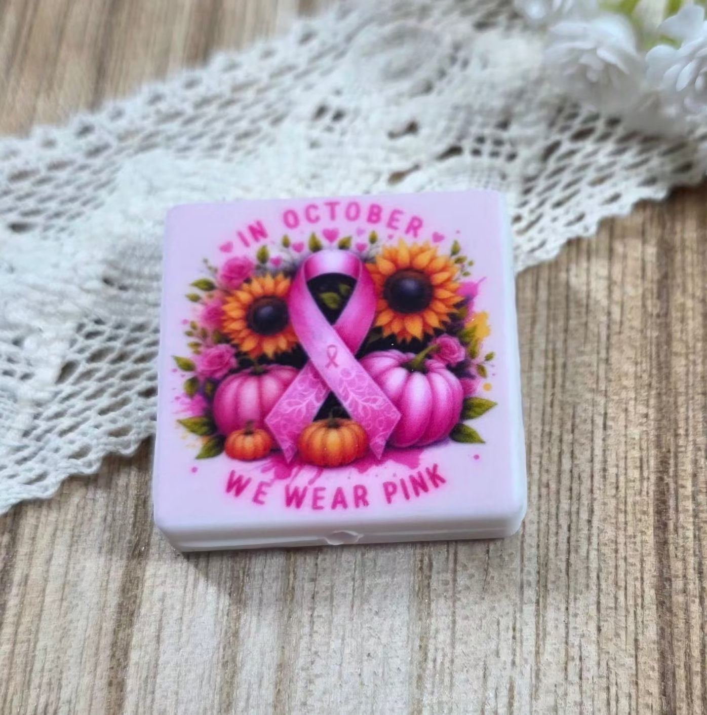 In October We Wear Pink Silicone Focal Bead ā Breast Cancer Awareness Fall Design