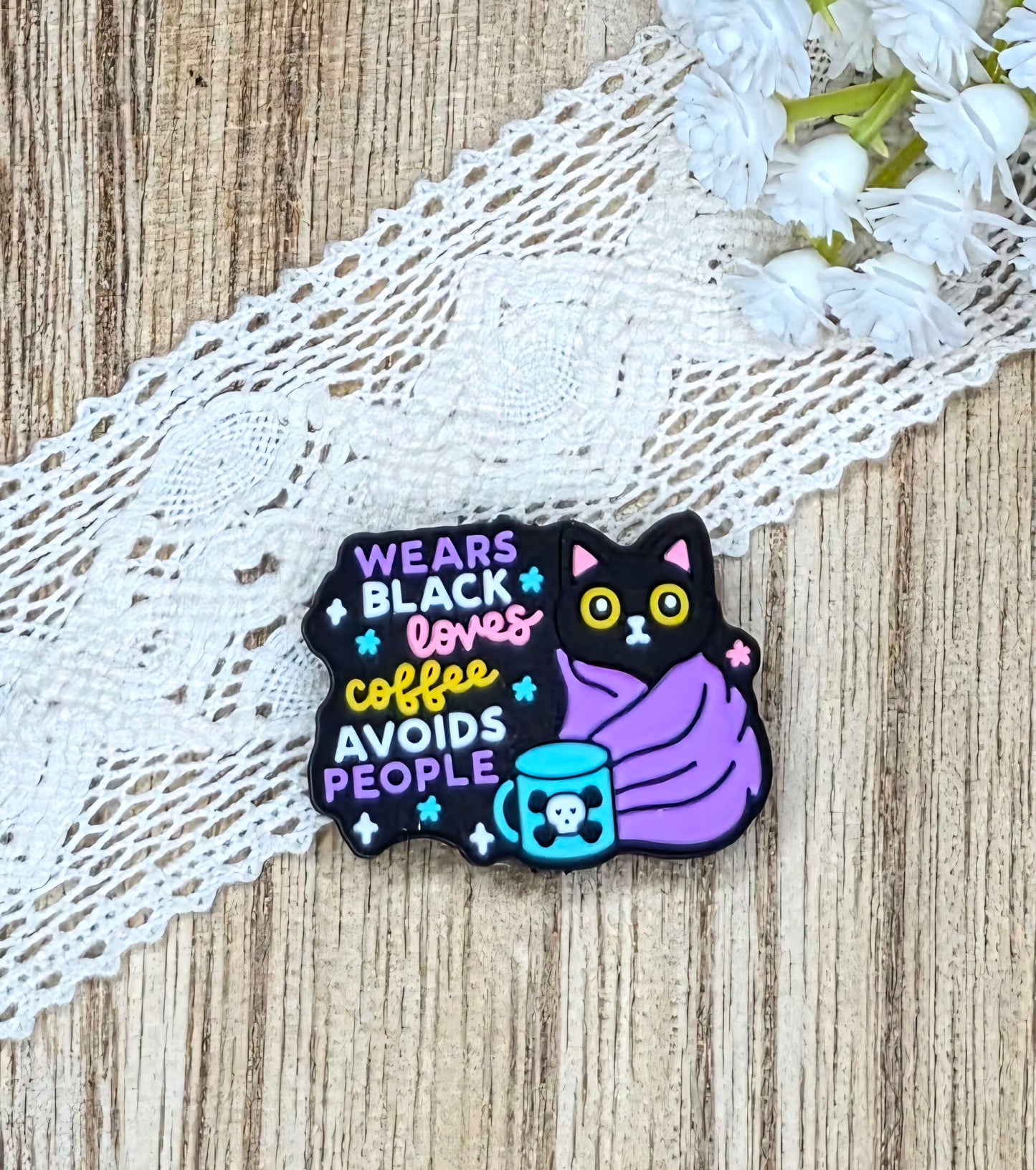 Wears Black, Loves Coffee, Avoids People Cat Silicone Focal Bead | Funny Cat DIY Craft Supply