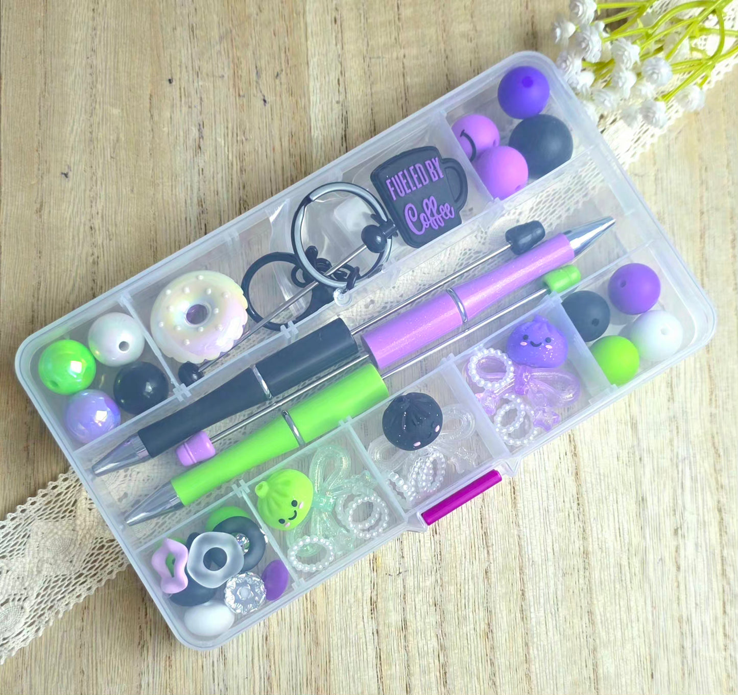 Coffee & Dumplings DIY Beadable Pen + Keychain Kit with Reusable Storage Container