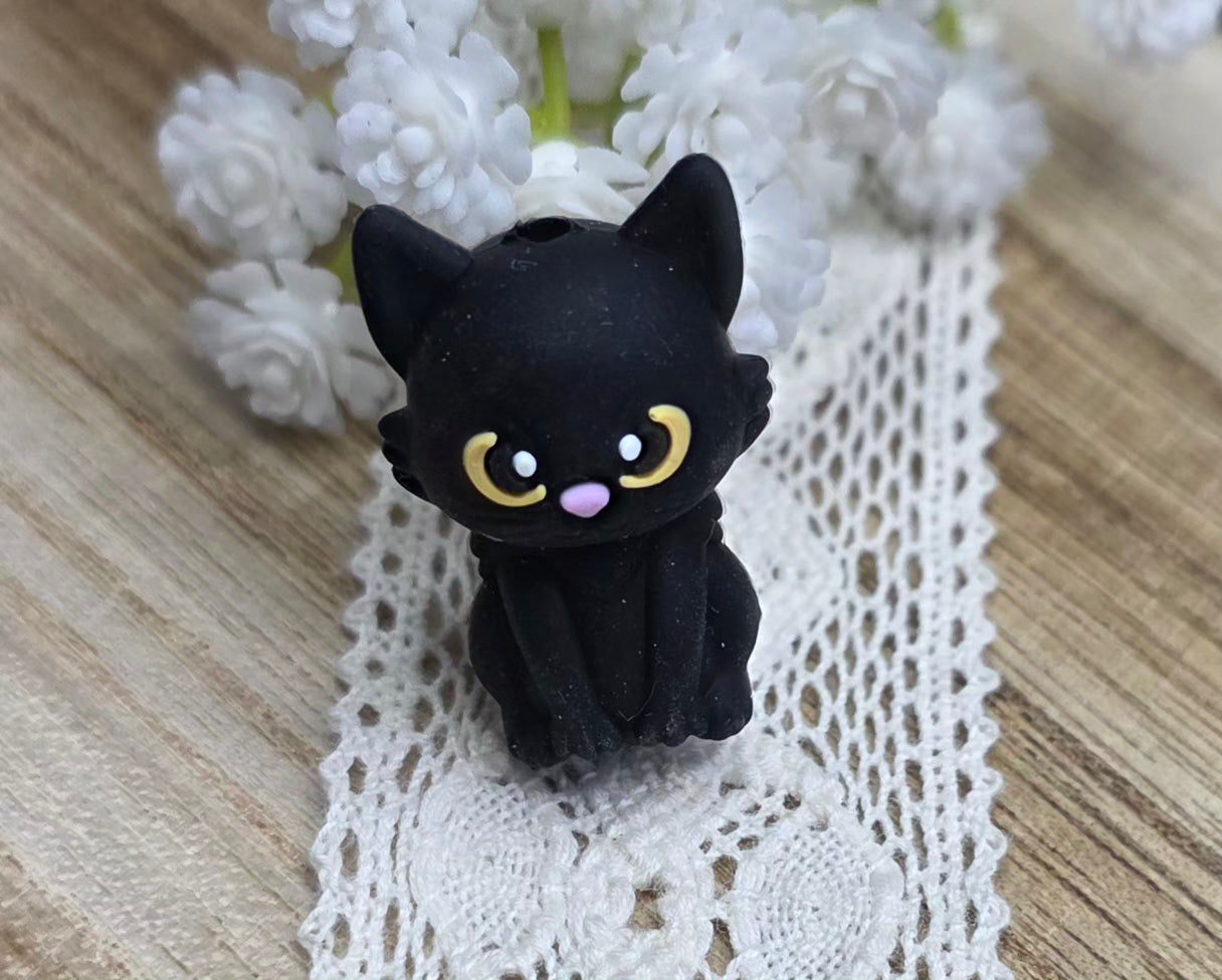 3D Black Kitten Silicone Focal Bead