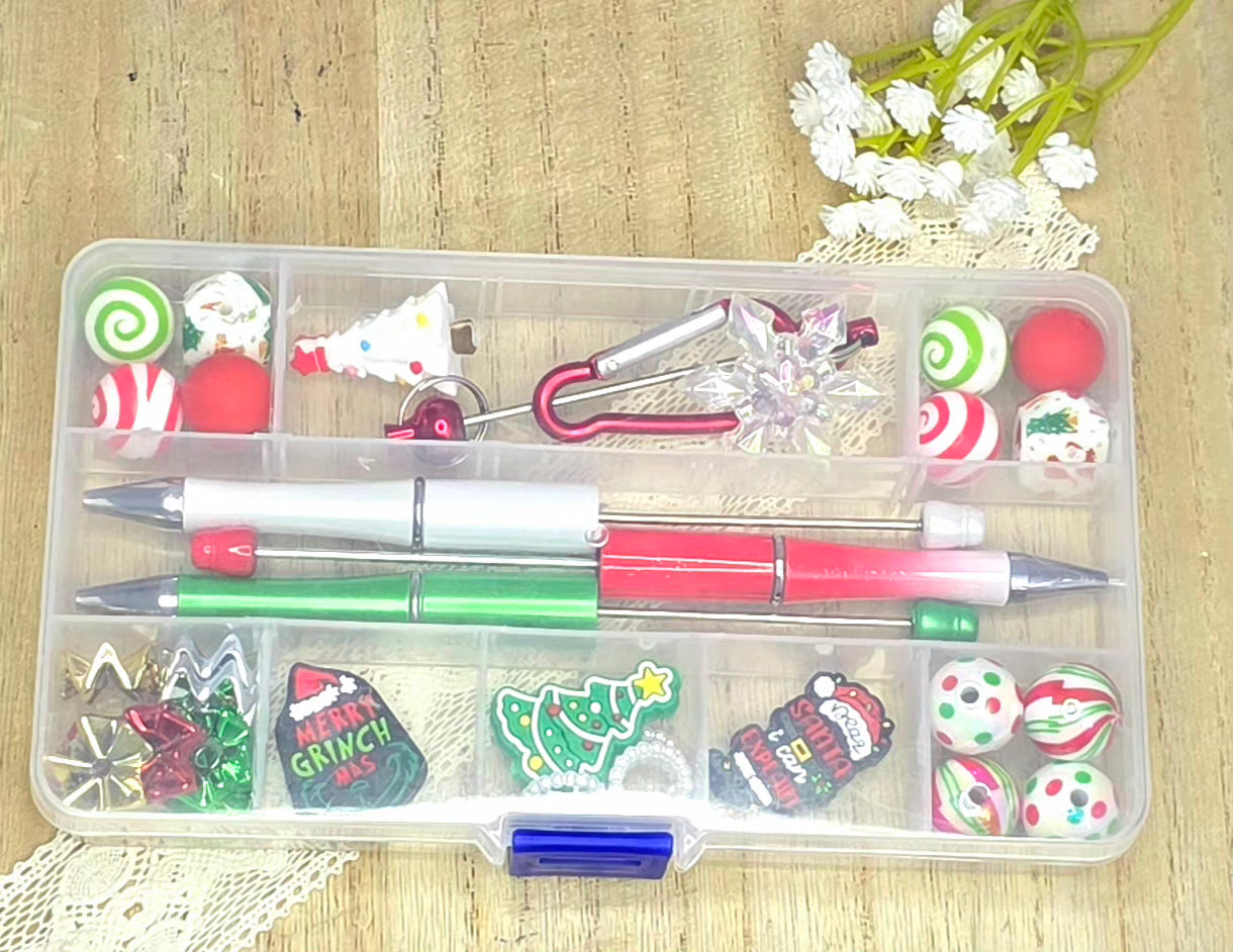 Christmas Themed Beadable Pen & Keychain DIY Kit with Reusable Storage Box