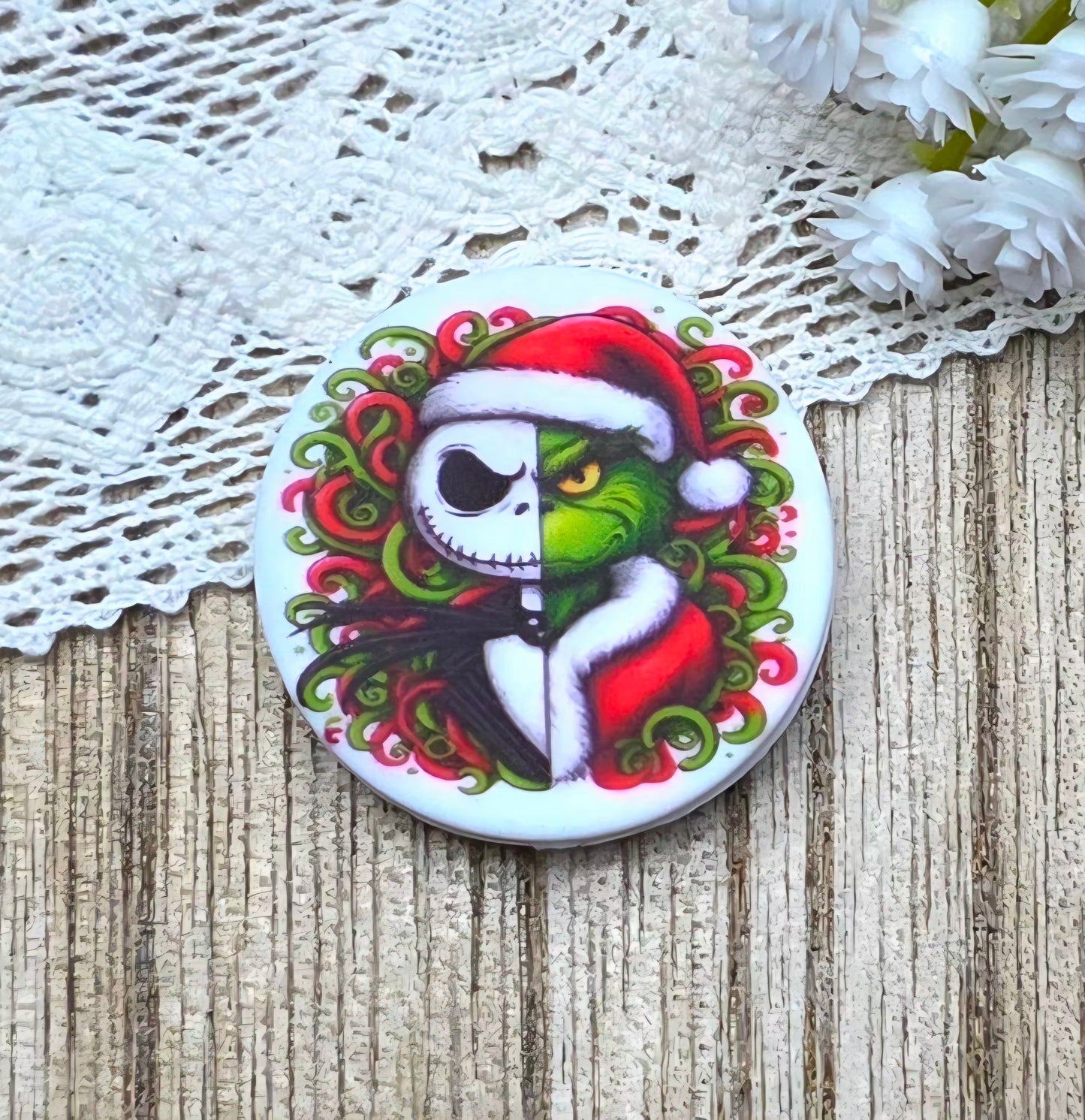 Spooky Christmas Mashup Inspired Round Silicone Focal Bead – Exclusive Holiday Focal