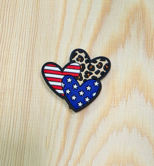 Three heart silicone focal bead - flag heart silicone focal bead- leopard heart silicone focal bead - A158d
