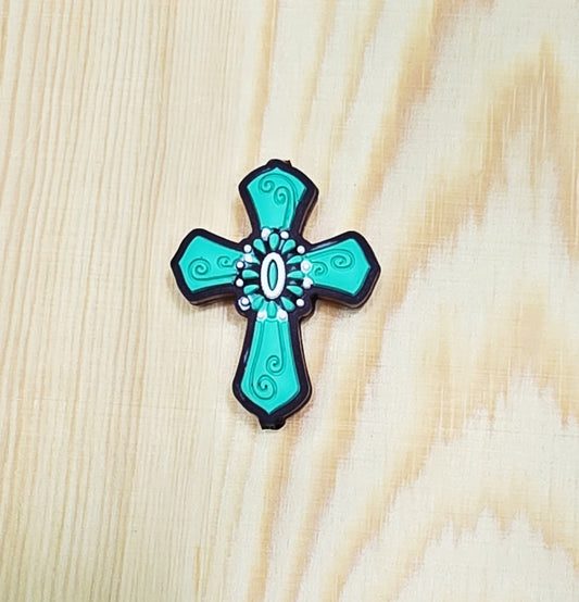 Teal cross silicone focal bead - A175