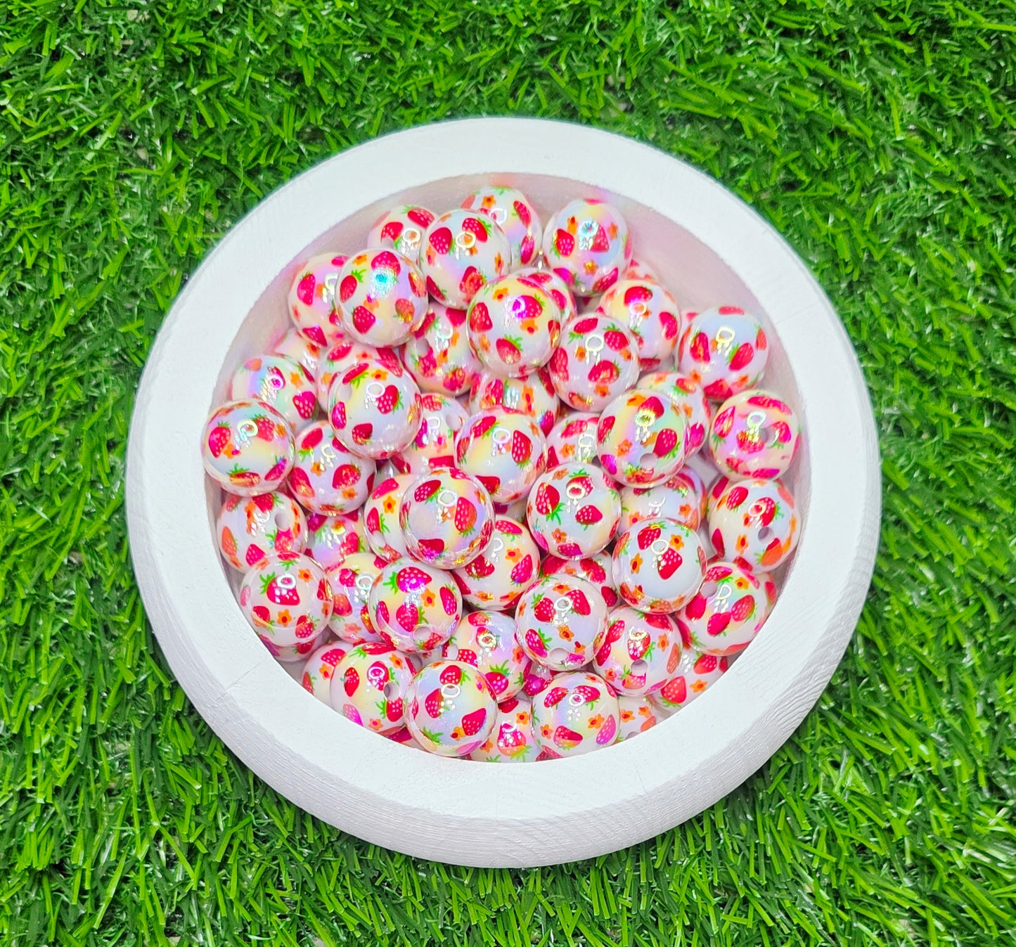 16mm Strawberry Print Acrylic Beads – 5 Piece Pack | Cute Fruit Beads
