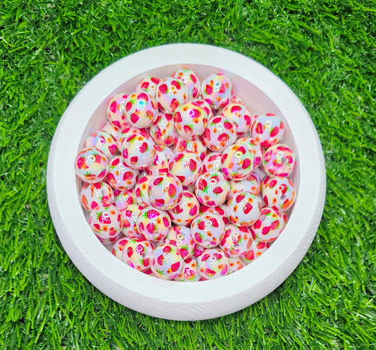 16mm Strawberry Print Acrylic Beads – 5 Piece Pack | Cute Fruit Beads