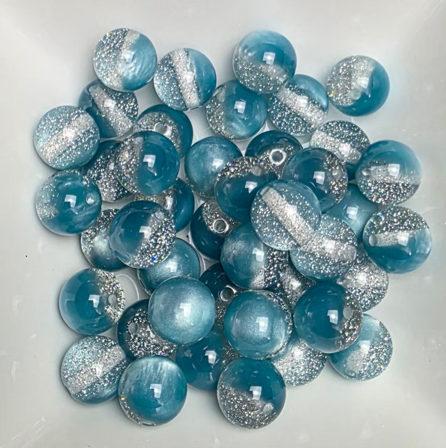Teal & Silver Glitter Cat Eye Acrylic Beads – 16mm – 10 Pack