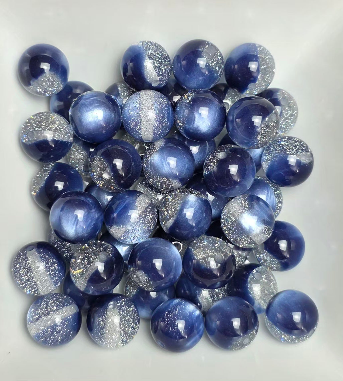 Navy Blue & Silver Glitter Cat Eye Acrylic Beads – 16mm – 5 Pack