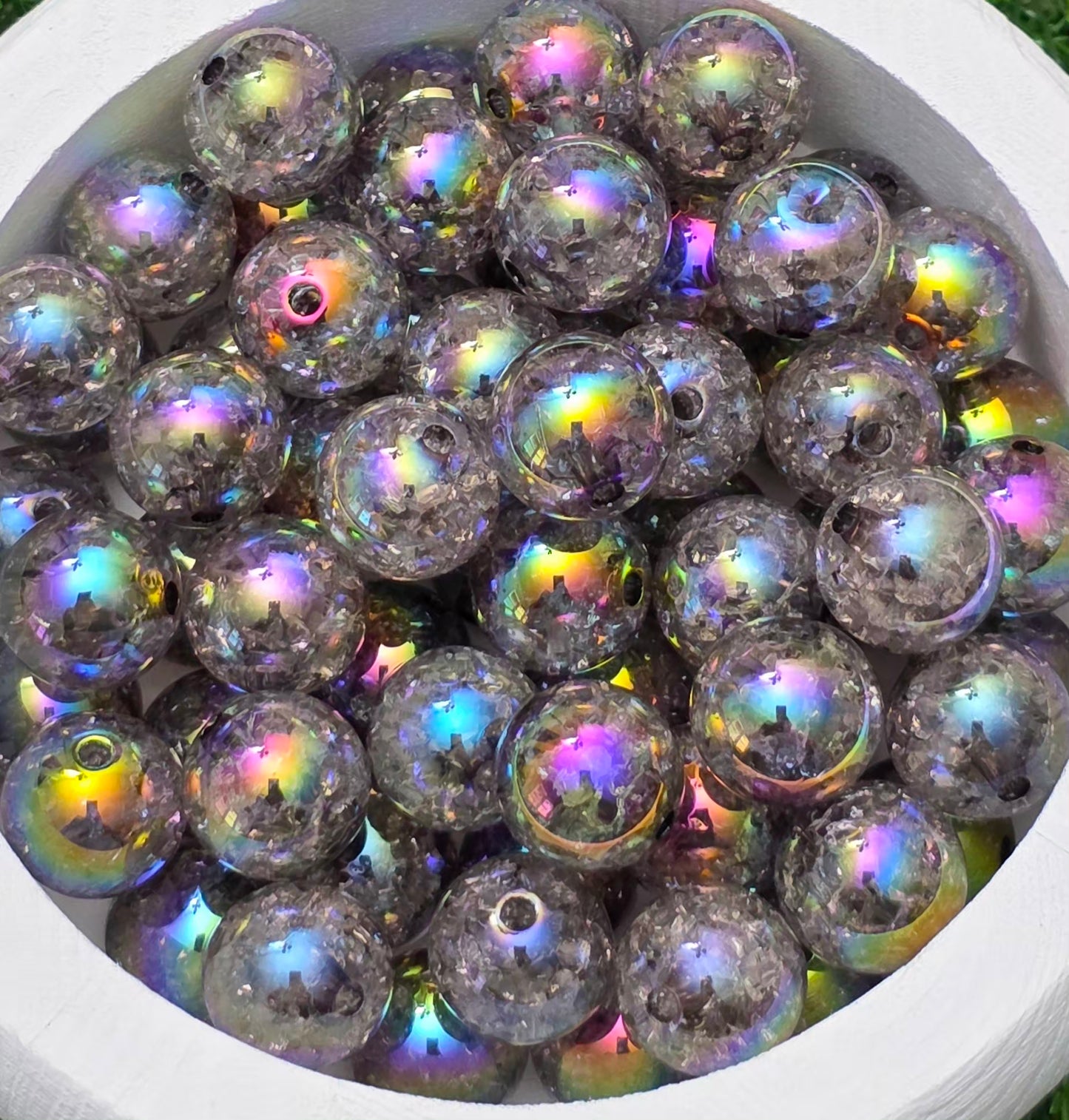 16MM Smoky Black Iridescent Crackle Acrylic Beads – 5 Piece Pack