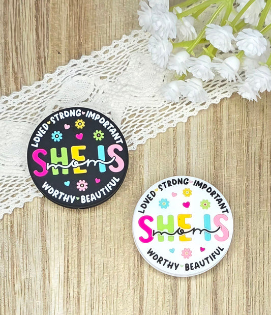 She Is Loved Inspirational Silicone Focal Bead | Positive Affirmation Bead | Empowering DIY Craft Supply