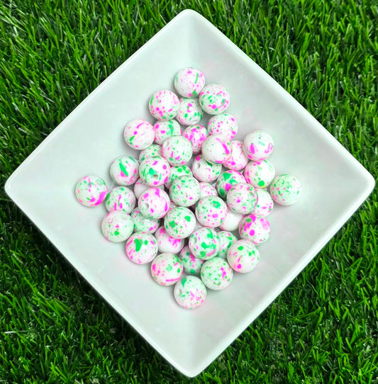 White Pink & Green Splatter Acrylic Beads – 16mm - 10 Pack