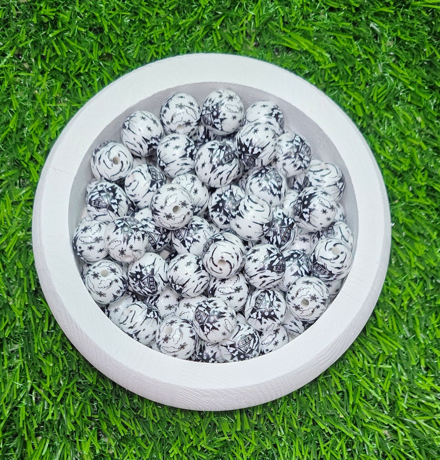 Christmas cottage printed acrylic beads 16mm