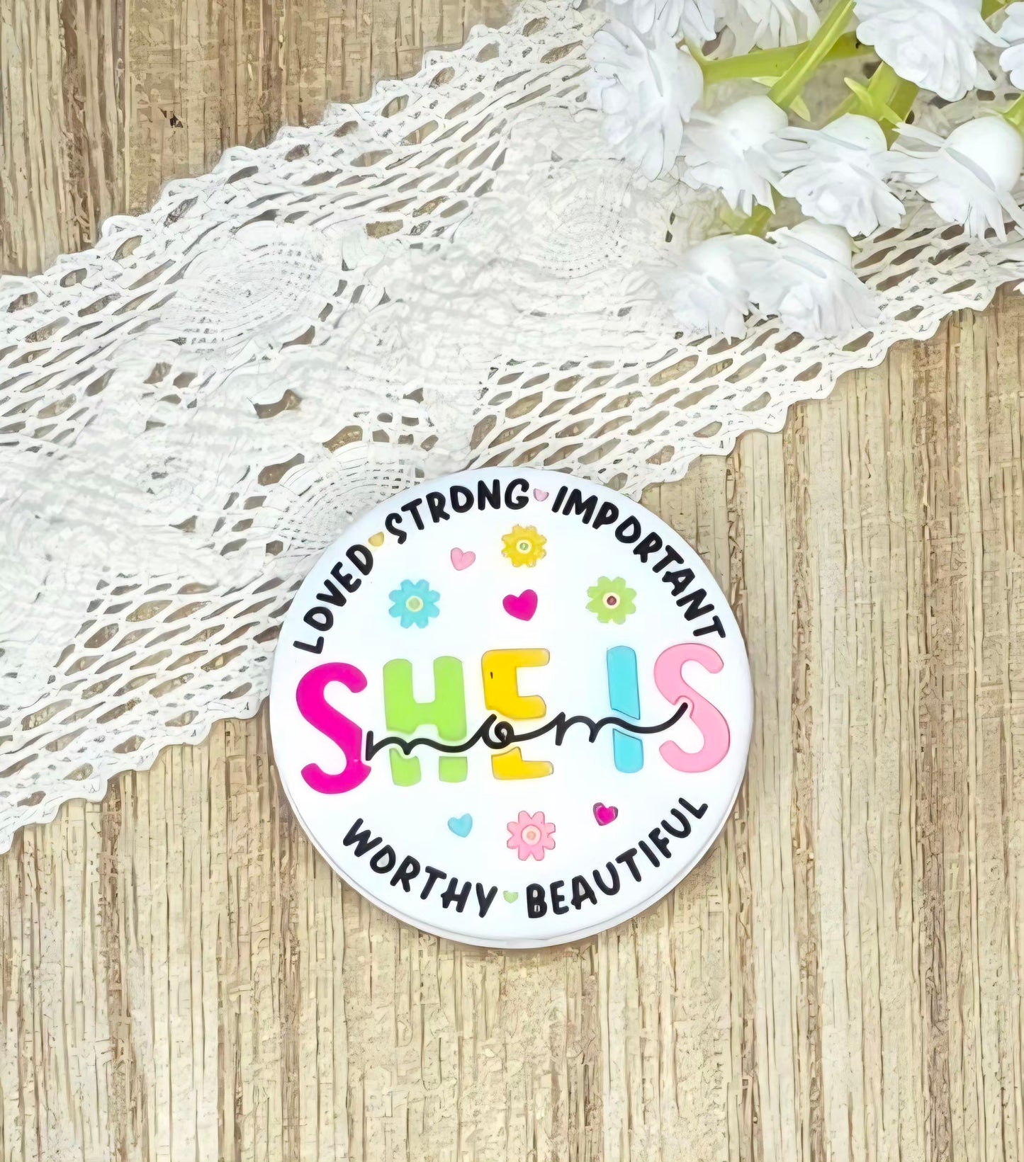 She Is Loved Inspirational Silicone Focal Bead | Positive Affirmation Bead | Empowering DIY Craft Supply