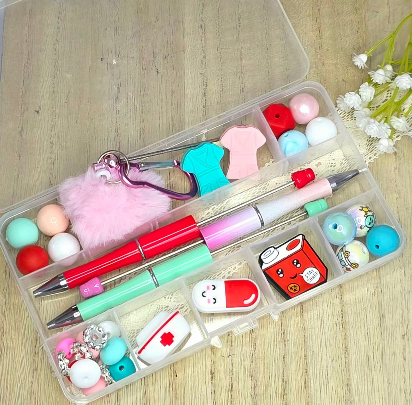 Nurse Themed Beadable Pen & Keychain DIY Kit with Reusable Storage Box
