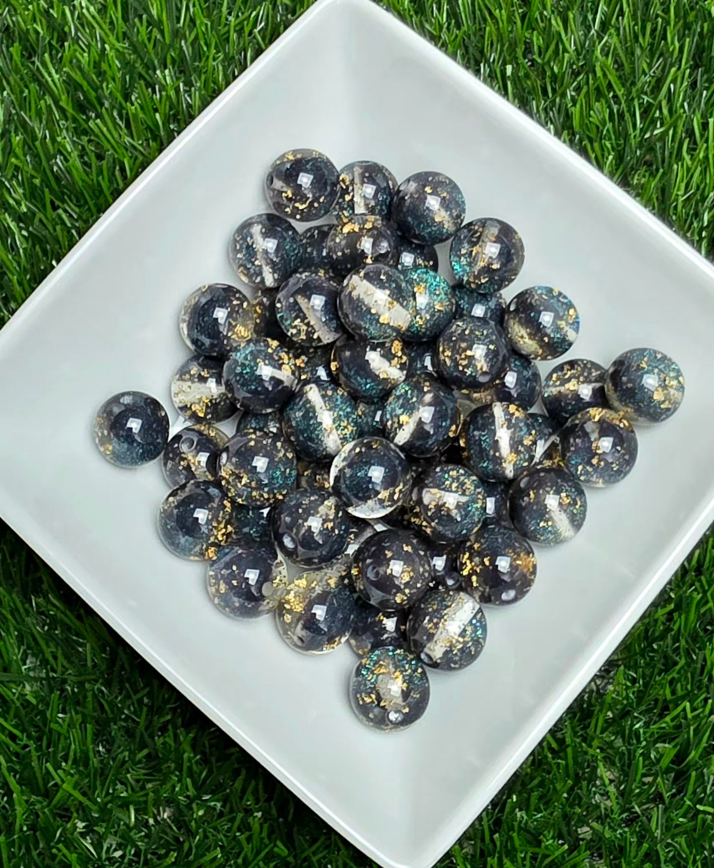 Black Teal & Gold Foil Acrylic Beads – 16mm – 10 Pack