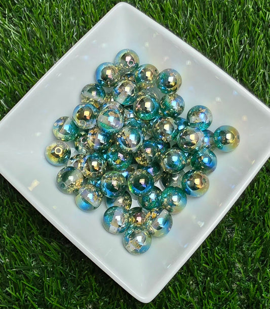 Teal Gold Foil Iridescent Acrylic Beads – 16mm – 10 Pack