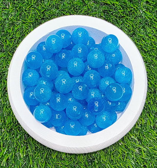Blue 16mm glow in the dark glitter acrylic beads