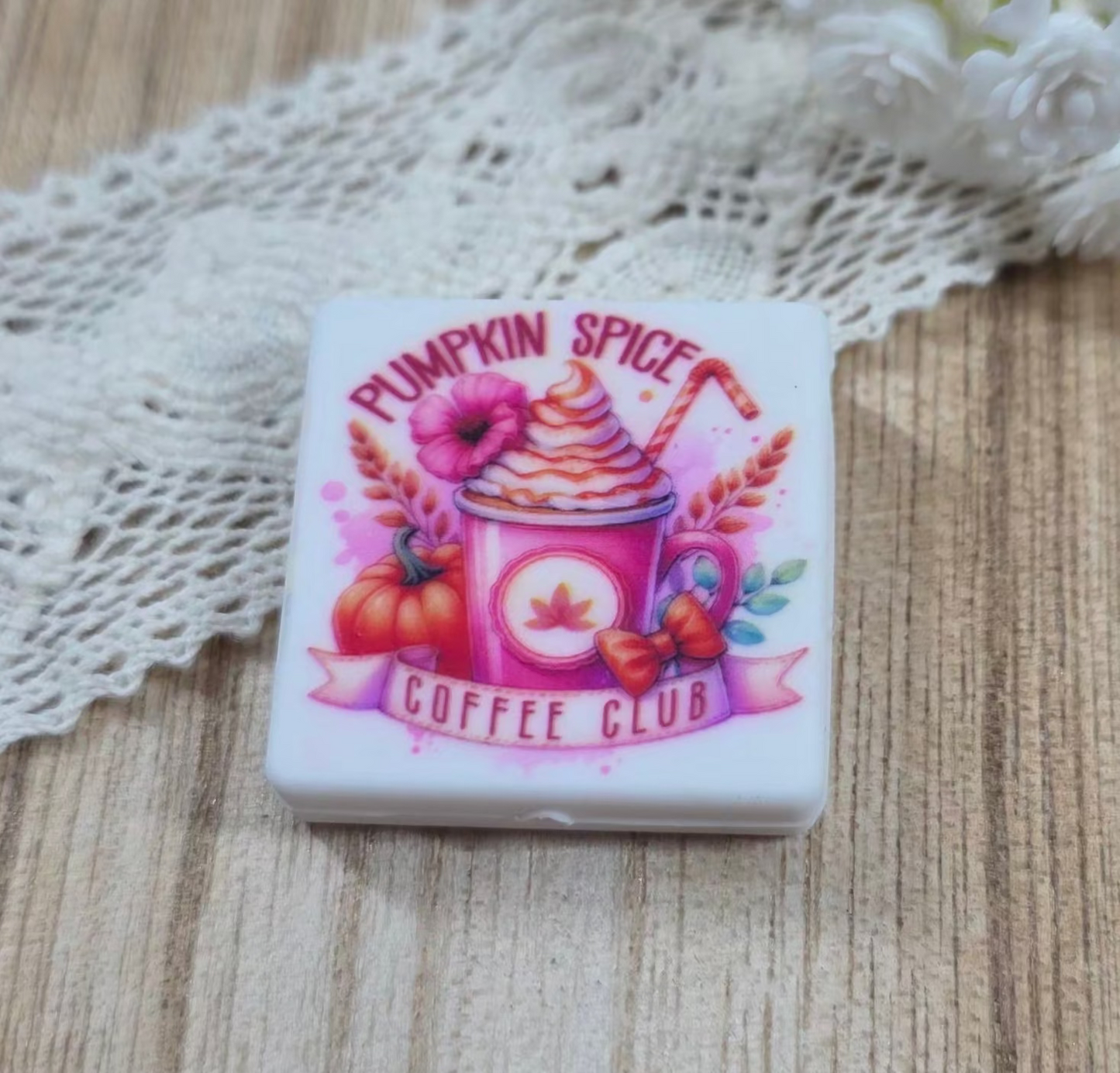 Pumpkin Spice Coffee Club Silicone Focal Bead – Cozy Fall Coffee Design