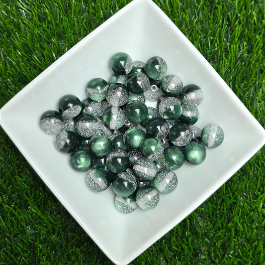 Hunter Green & Silver Glitter Cat Eye Acrylic Beads – 16mm – 10 Pack