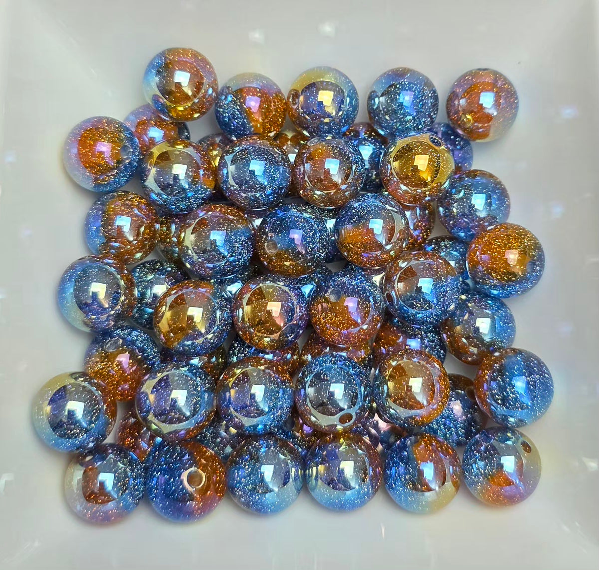 Blue & Copper UV Coated Glitter Acrylic Beads – 16mm – 5 Pack
