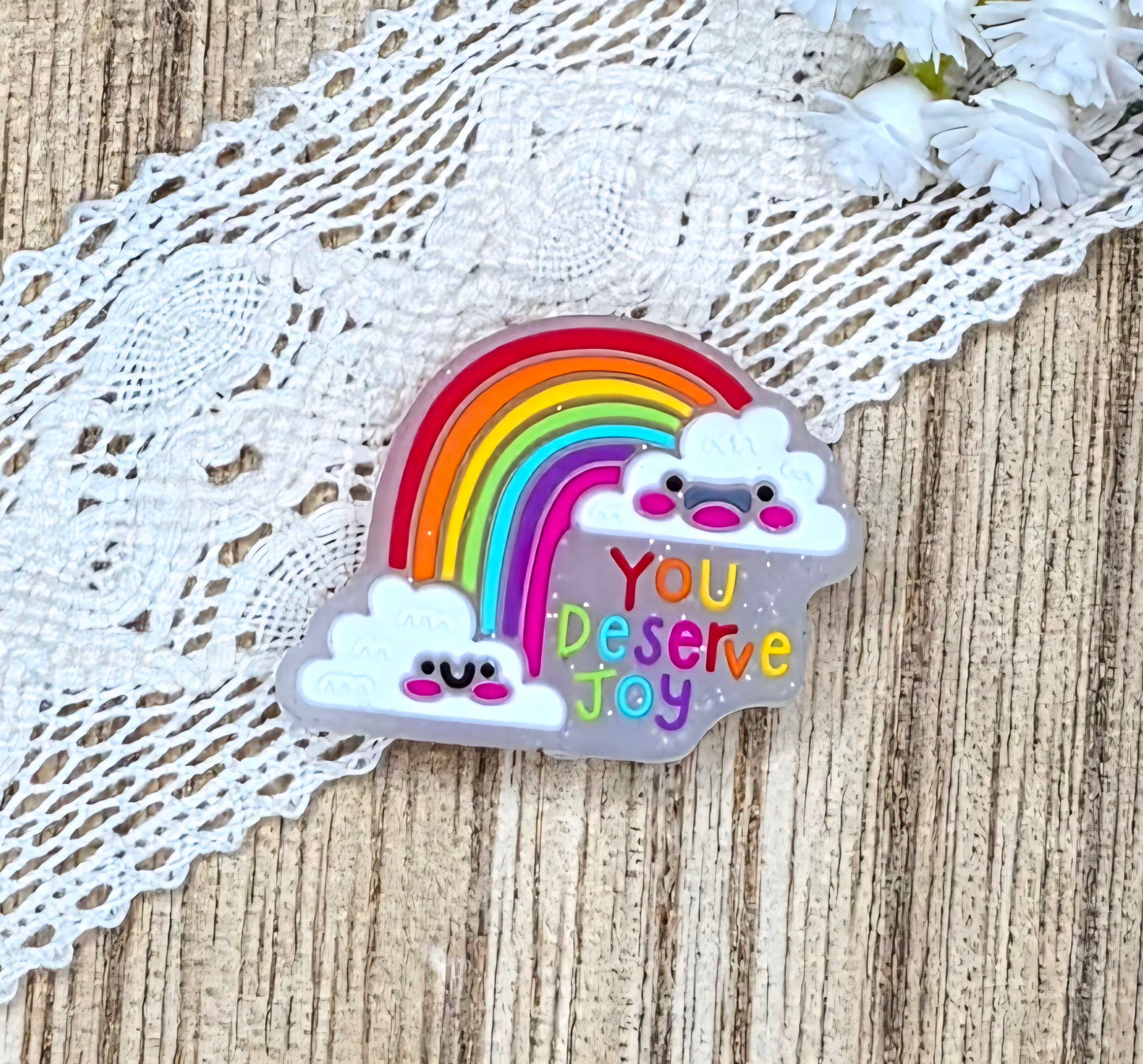 You Deserve Joy Rainbow Silicone Focal Bead | Inspirational Mental Health Bead | Cute Kawaii DIY Craft Supply