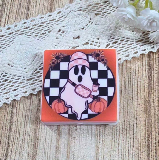 Cozy Ghost Halloween Silicone Focal Bead – Checkered Pumpkin Design