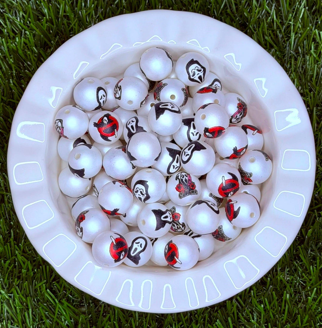 16MM Ghost Face Printed Acrylic Beads – 5 Piece Pack