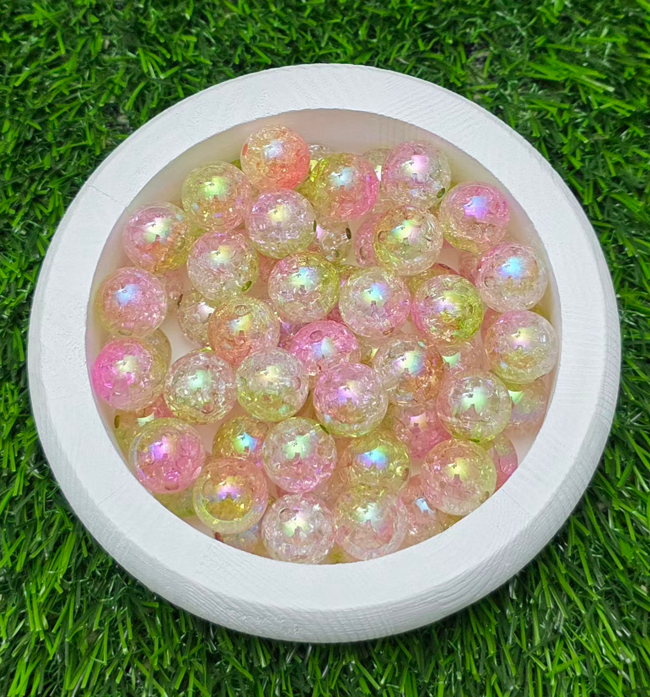 16MM Pink Green Iridescent Crackle Acrylic Beads – 5 Piece Pack