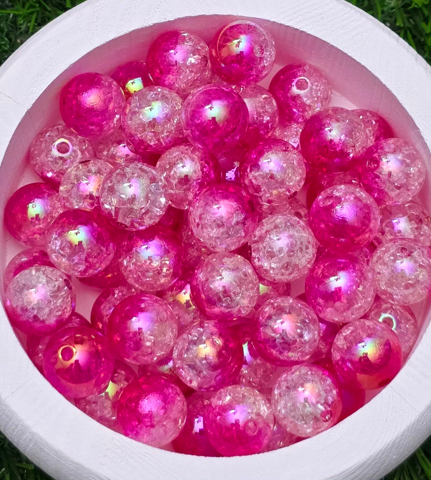 16MM Hot Pink Clear Two-Tone Iridescent Crackle Acrylic Beads – 5 Piece Pack