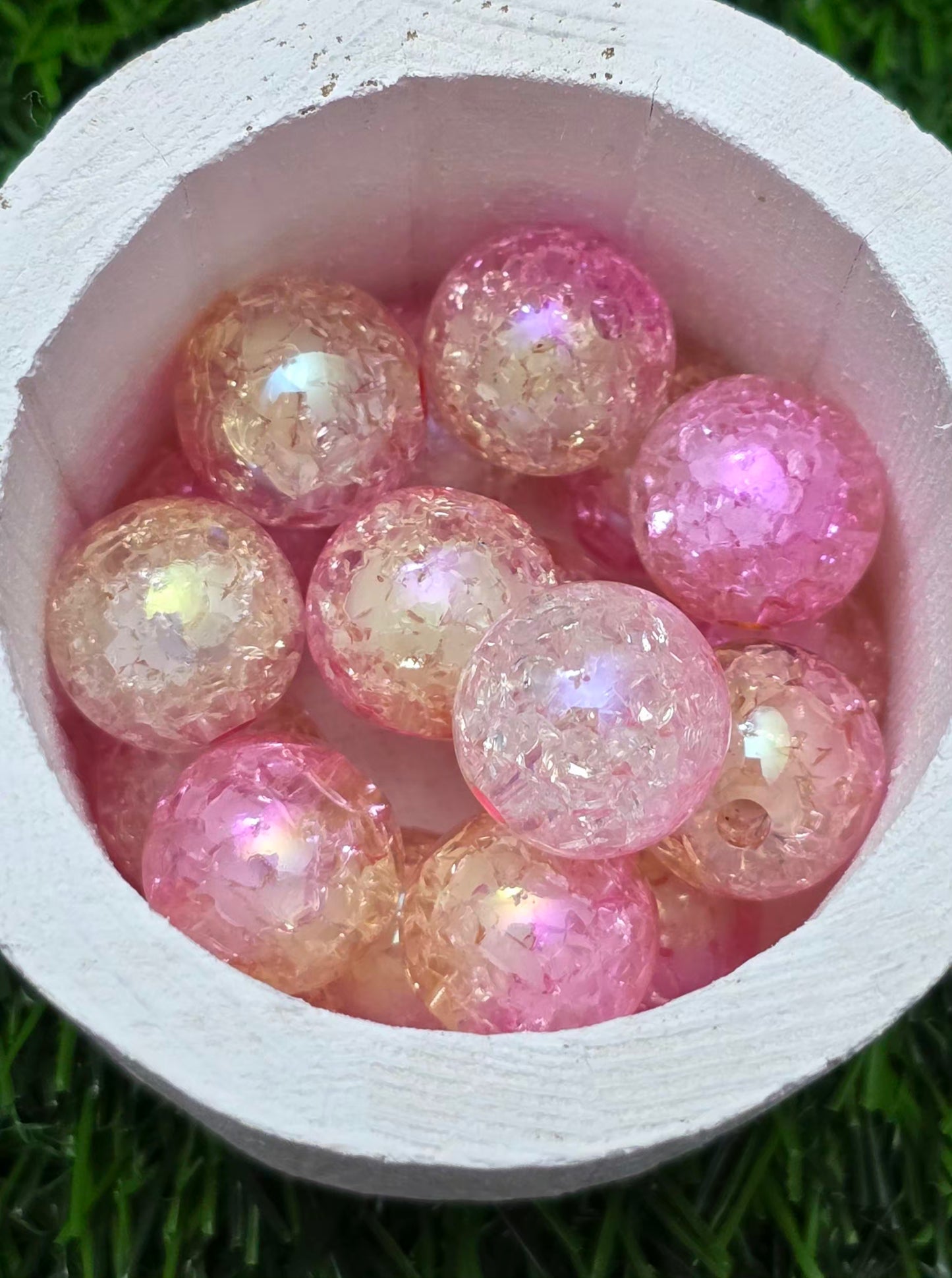 16MM Pink & Champagne Iridescent Crackle Acrylic Beads – 5 Piece Pack