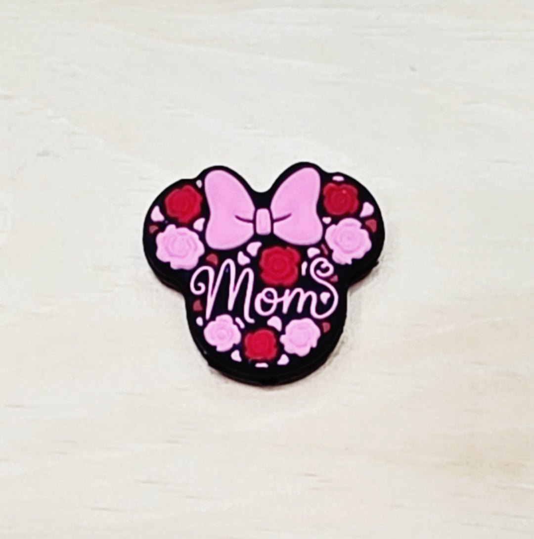 Mom mouse, pink and red roses silicone focal bead A256