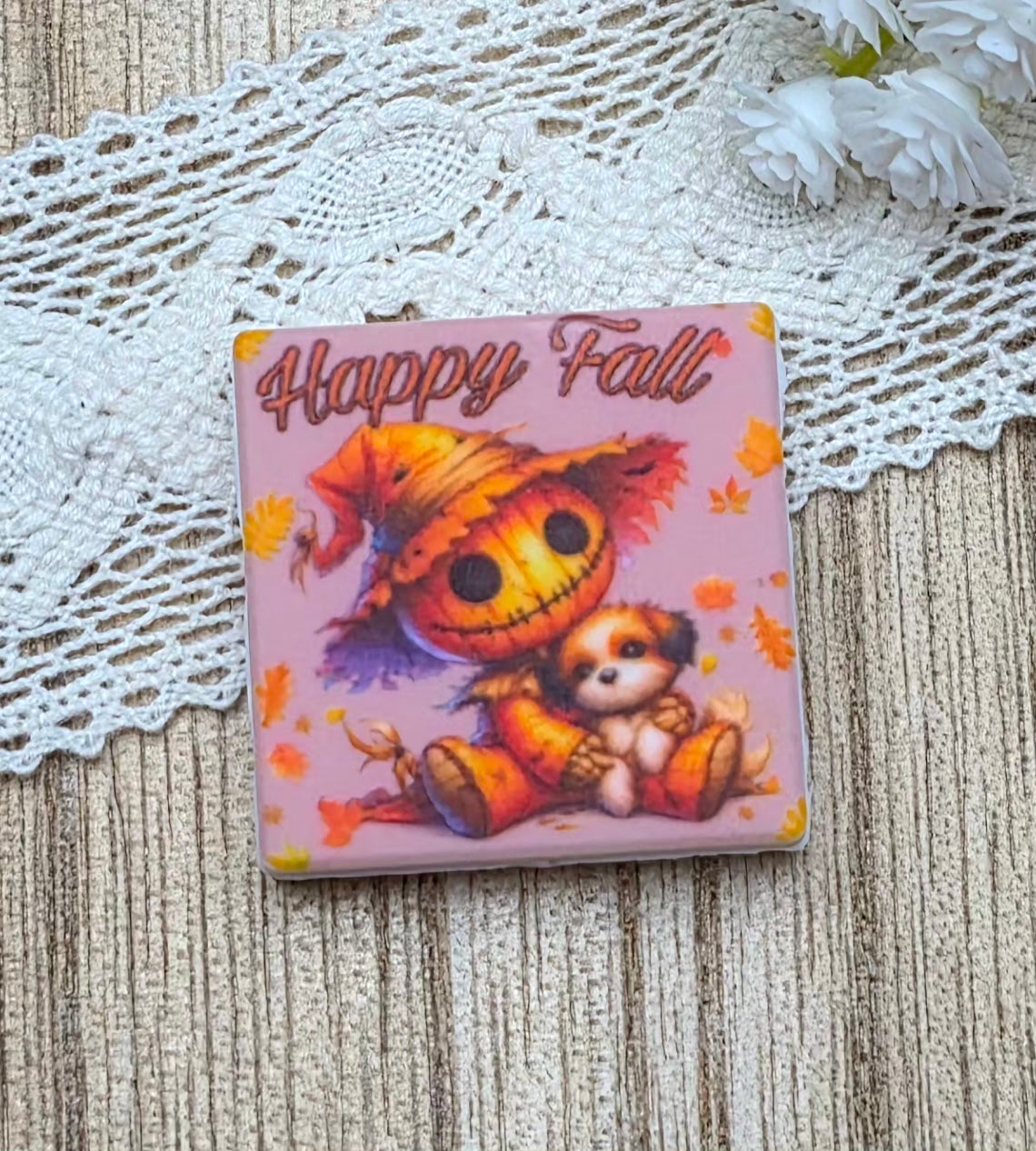 Happy Fall Scarecrow Silicone Focal Bead – Autumn Pumpkin Doll with Puppy