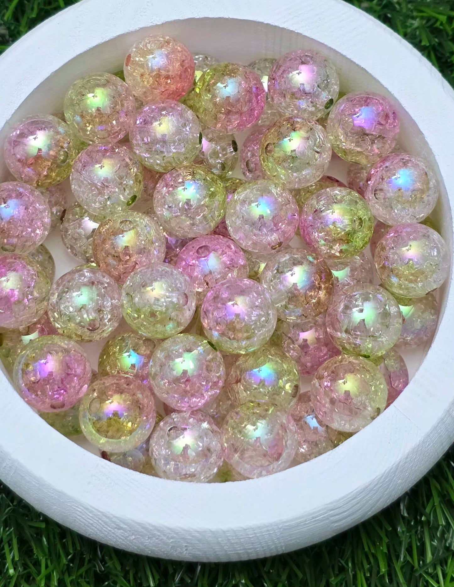 16MM Pink Green Iridescent Crackle Acrylic Beads – 5 Piece Pack