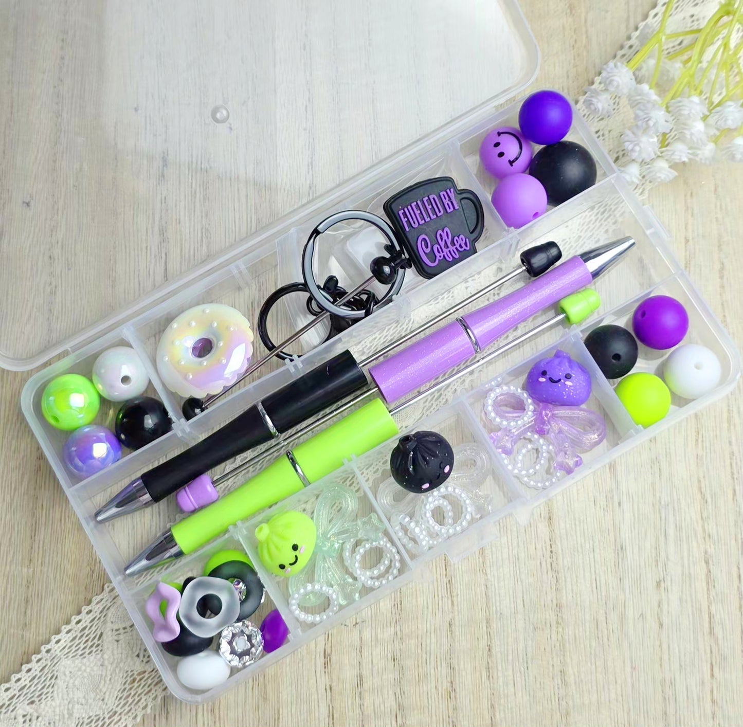 Coffee & Dumplings DIY Beadable Pen + Keychain Kit with Reusable Storage Container