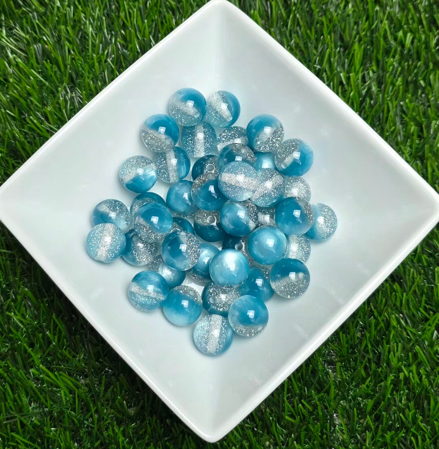 Teal & Silver Glitter Cat Eye Acrylic Beads – 16mm – 10 Pack
