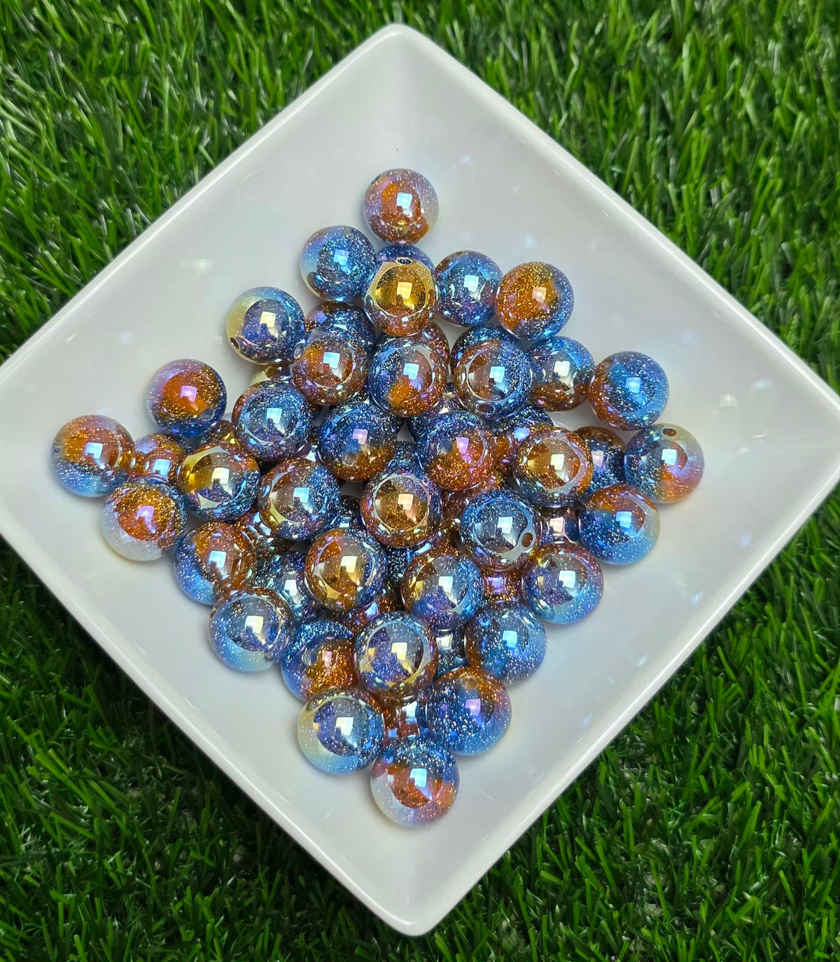 Blue & Copper UV Coated Glitter Acrylic Beads – 16mm – 5 Pack