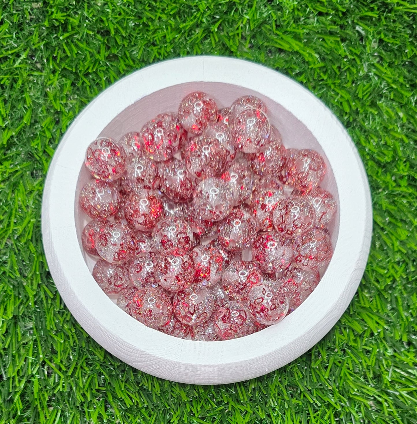 Glitter beads with heart sequins, 16mm acrylic beads