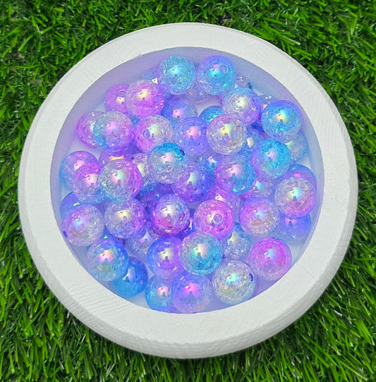 16MM Blue Purple Clear Three-Tone Iridescent Crackle Acrylic Beads – 5 Piece Pack