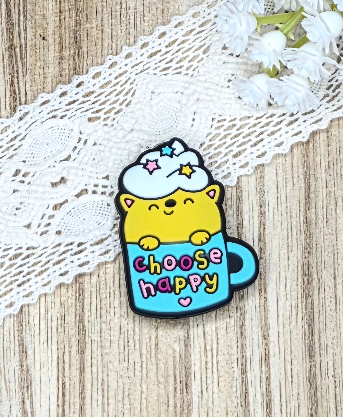 Choose Happy Cat Silicone Focal Bead | Cute Cat Coffee Cup DIY Craft Supply