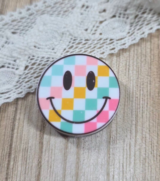 Pastel Checkered Smiley Face Silicone Focal Beads – Retro Happy Design