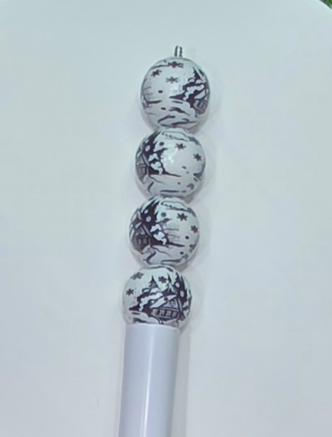 Christmas cottage printed acrylic beads 16mm