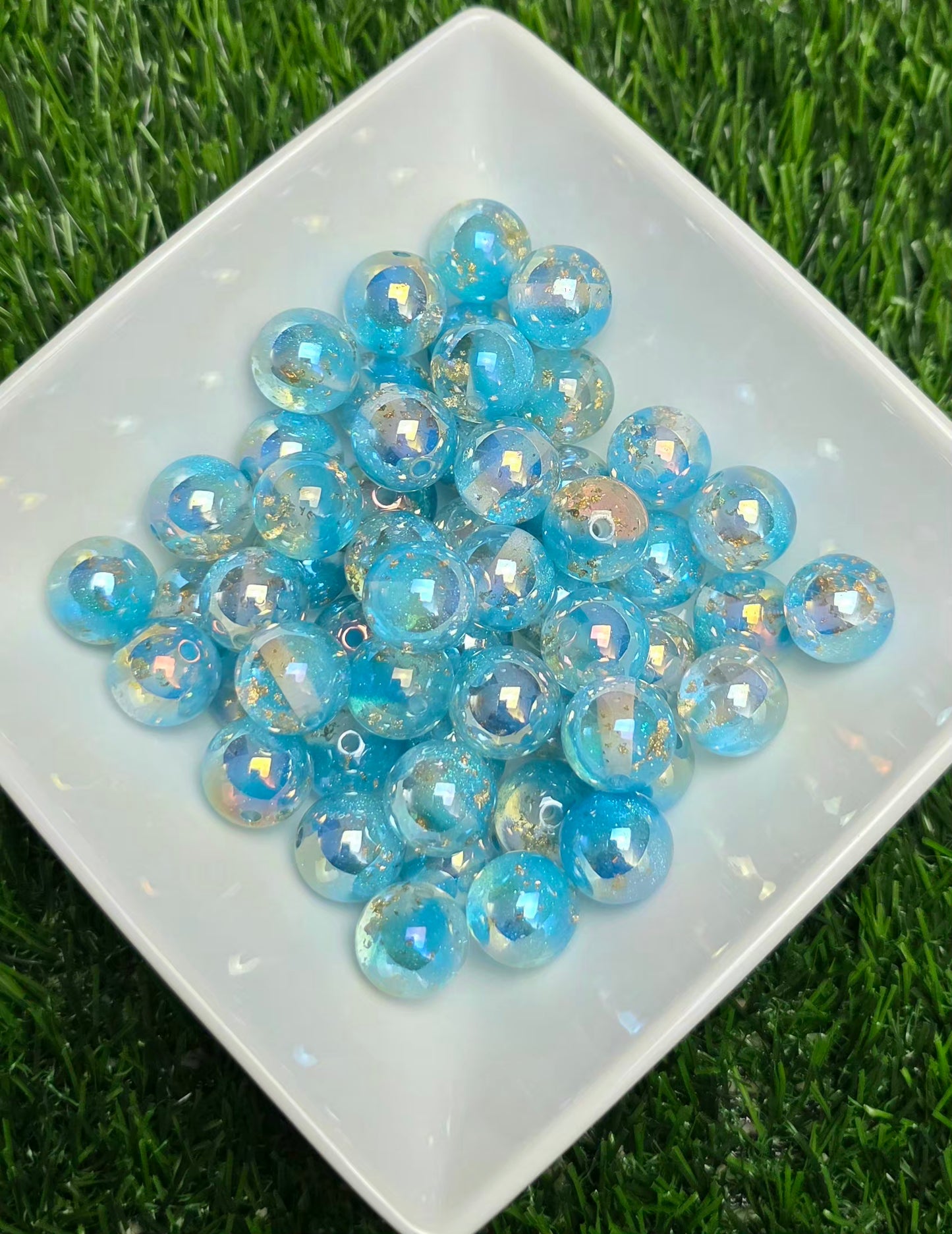 Aqua Iridescent Gold Foil Acrylic Beads – 16mm – 10 Pack